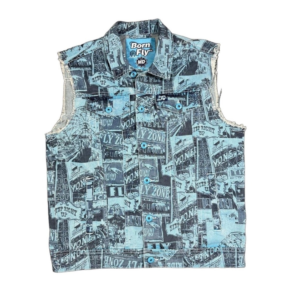 Born Fly Mens Blue Graphic Print Denim Trucker Vest Sleeveless Jacket Size M